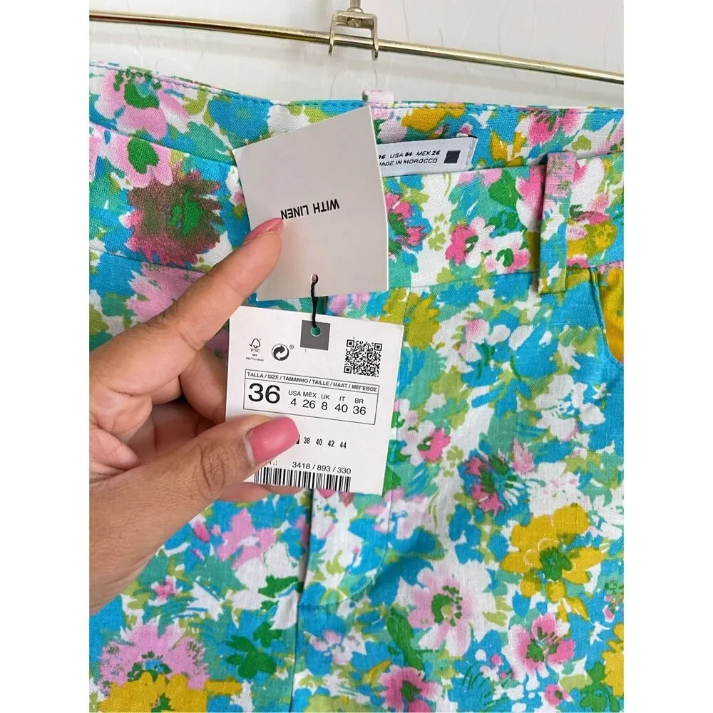 ZARA Floral Linen Pants Size 4 NWT